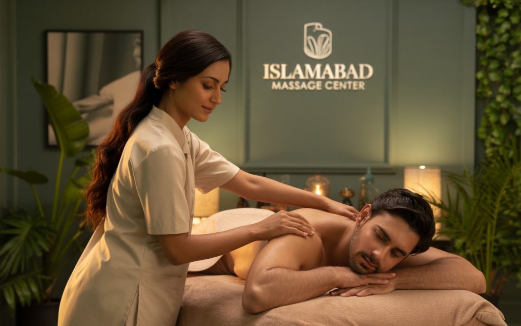 Female therapist giving a back massage to a male client at Islamabad Massage Center, a top massage parlour in Islamabad.